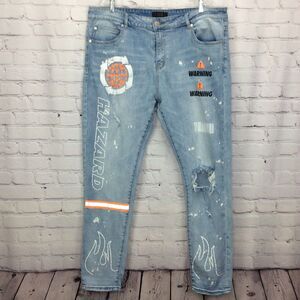 THRT Denim Jeans Hazard Warning Men's Sz 42 Grunge Orange Streetwear Distressed
